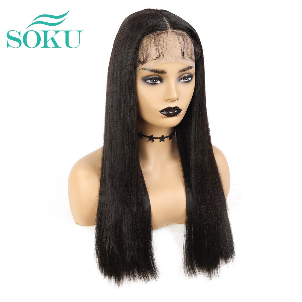 SOKU-perruque noire synthétique longue et lisse avec raie centrale, cheveux naturels en Fiber résistante à la chaleur, pour femmes noires