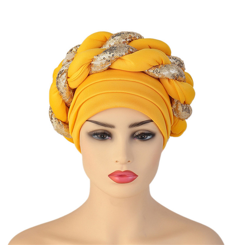 Gorro turbante trenzado de lentejuelas para mujer, tocado africano autogele: Rojo óxido
