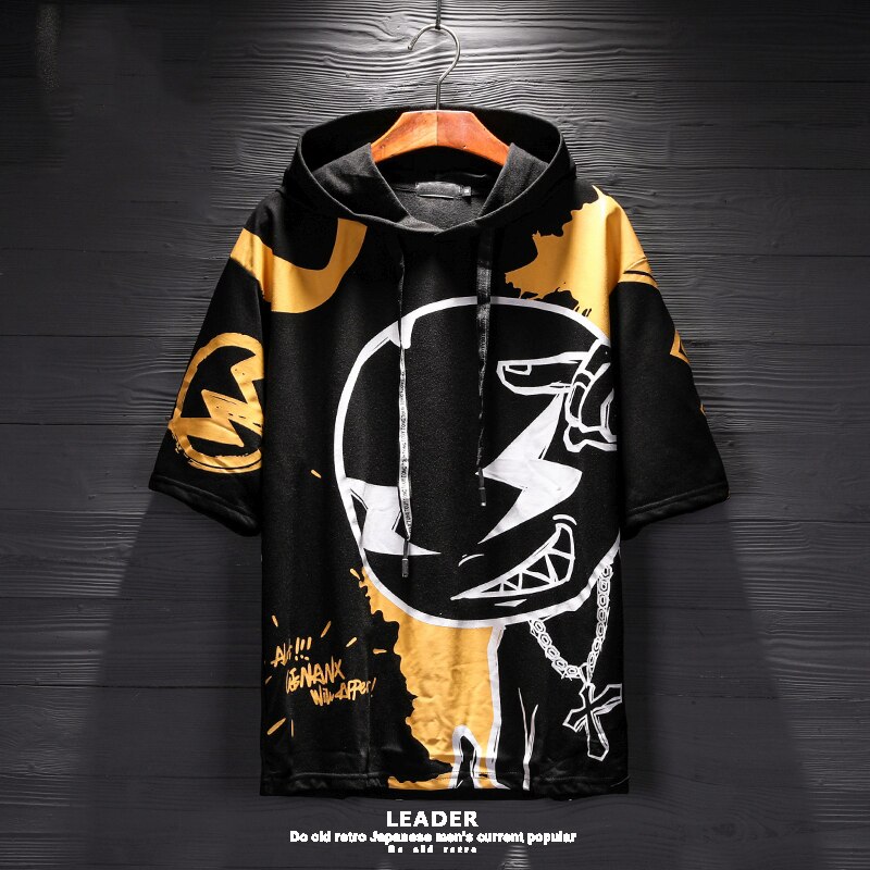 Camiseta holgada con capucha de hip hop de verano para hombre Harajuku pareja media manga a la