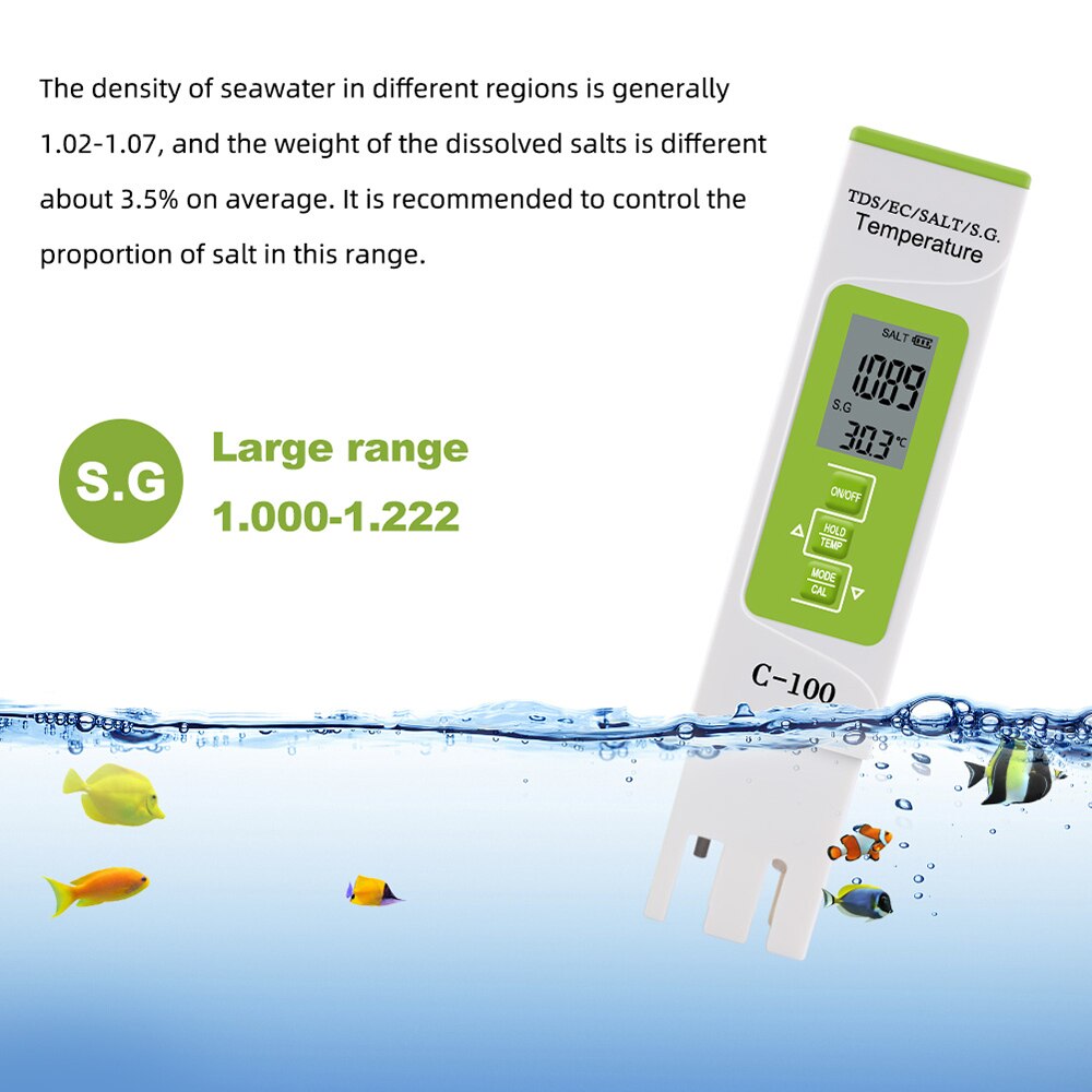 5 in 1 PH Meter TDS/EC/SALT/S.G./Temperature Meter Digital Water Monitor Tester for Pools Drinking Water Aquariums