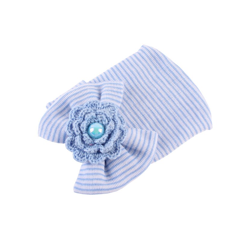 100% Cotton Newborn Soft Hat Bonnet With Big Bowknot Bebe Boy Girl Autumn Winter Knitted Cap Hospital Hat Flower Bow Striped: Blue