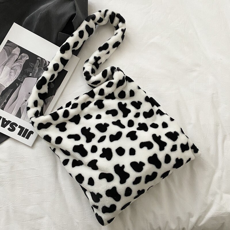 Bolsos grandes peludos de invierno para mujer, bandolera de hombro con patrón de vaca a la , de felpa suave, de viaje, informal: Cow L