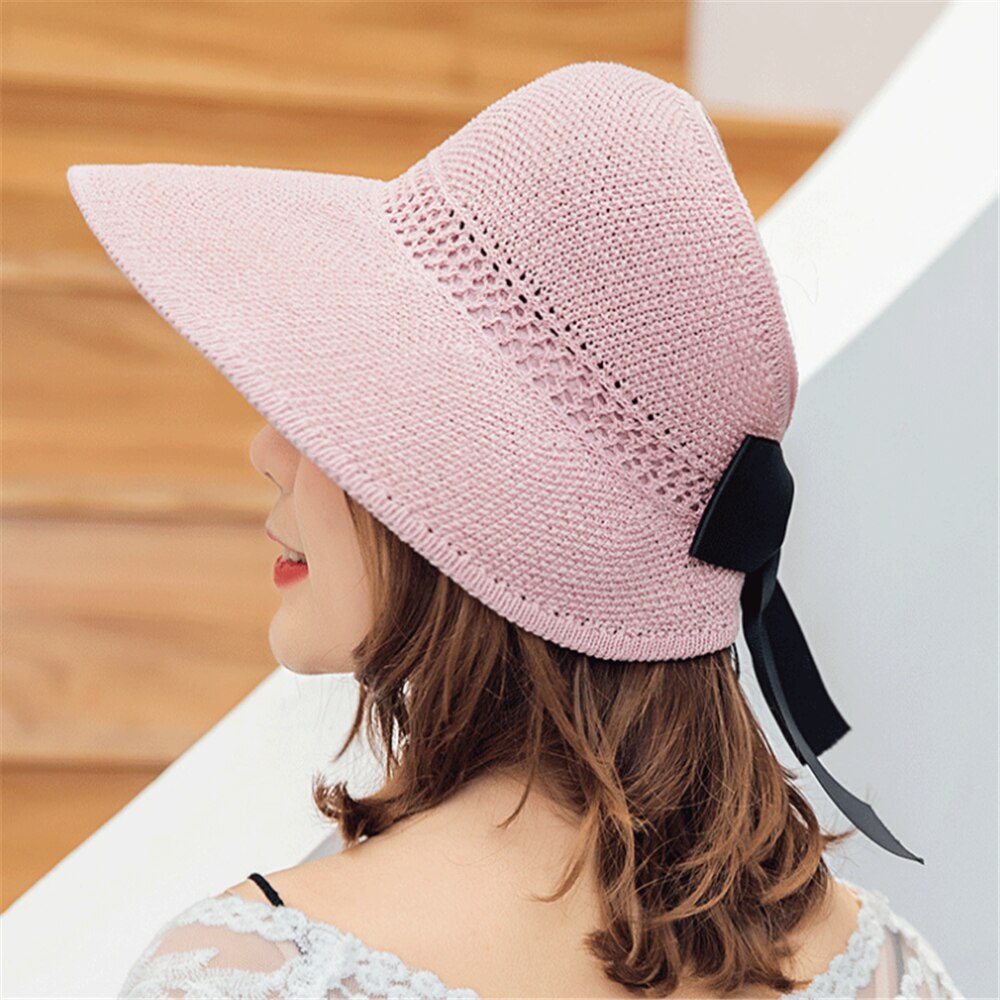 tSun hat foldable straw hat empty top sun hat female summer all-match hat sun hat to cover face outing: Pink