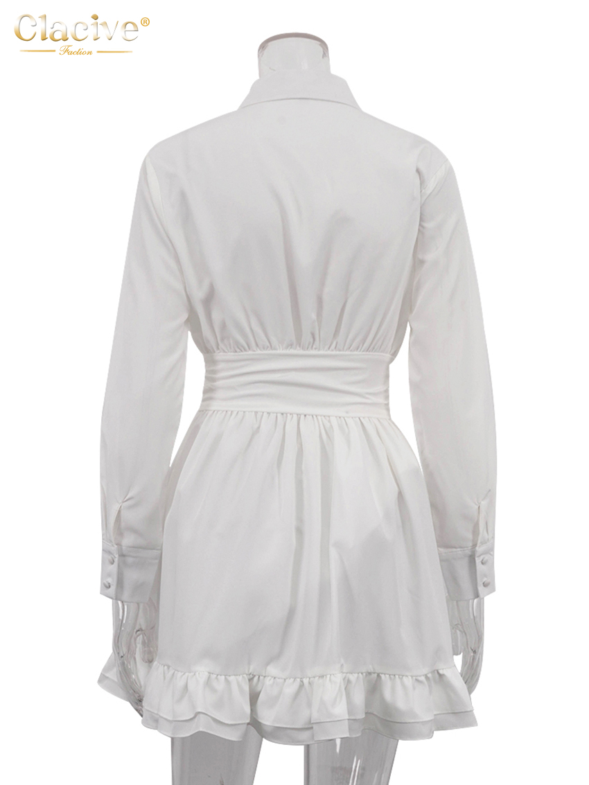 Clacive Loose White Women's Dress Lapel Long Sleeve Mini Dresses Casual High Waist Pleated Female Dress