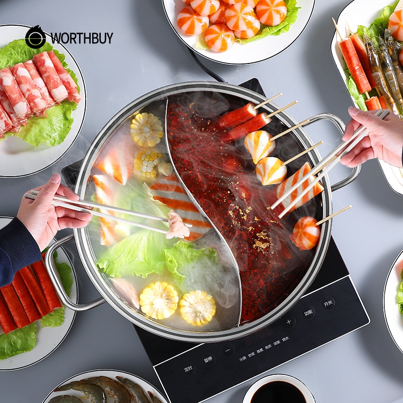 WORTHBUY Chinese Pot Met Deksel Soeplepel 18/8 Rvs Koken Pot Dubbele Smaak Pot Keuken Kookgerei