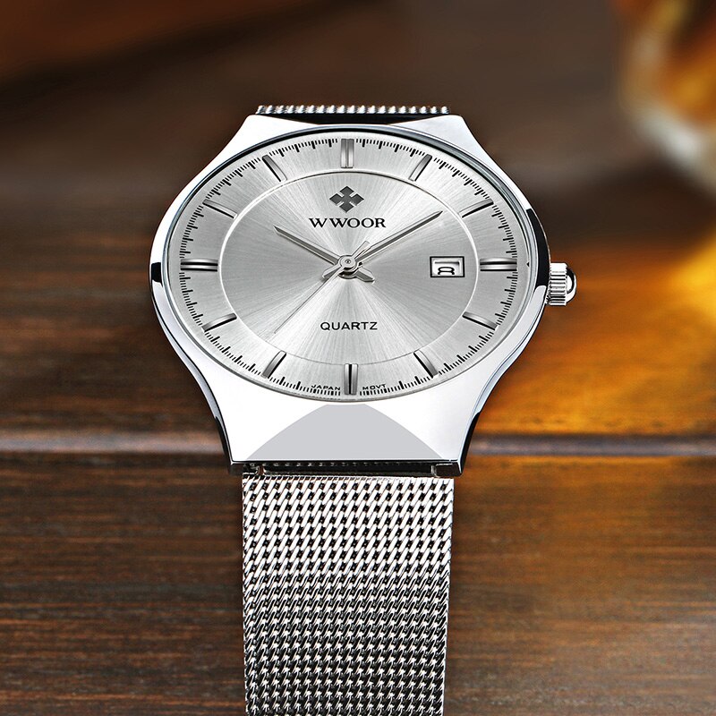 Relojes WWOOR plateados para hombre con malla de acero, superior de lujo, cuarzo ultrafino, resistente al agua, fecha, reloj de pulsera de negocios, caja Montre Homme
