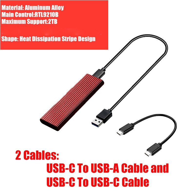 GUDGA – boîtier SSD Nvme avec double protocole OTG vers USB 3.1, adaptateur de disque dur Portable pour SSD M.2 2230/2260/2280/2242: Two  Cable Red