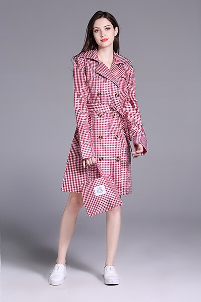 Freesmily Women Colored Grid Stylish Rain Poncho Waterproof Rain Jacket Coat with Waistband and Hood: Red