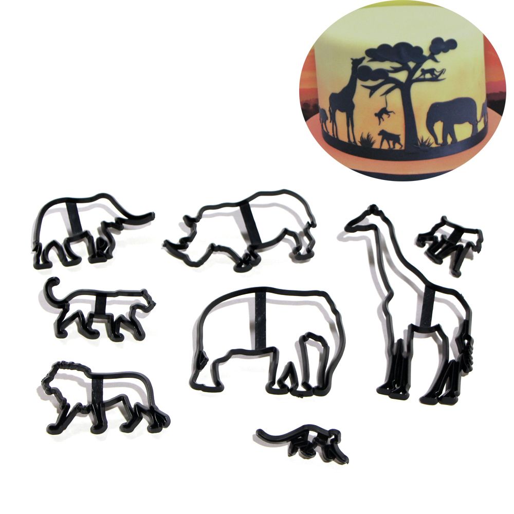 8 stk dyr kiksskærer plast elefant løve giraf leopard fondant skærer safari silhuet kageform kage dekorationsværktøjer
