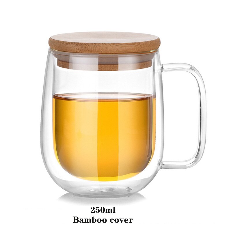Double glass transparent coffee cup,Heat-resistant glass cup with lid，Dessert glassBeer mug office mug simple stylefree: 3
