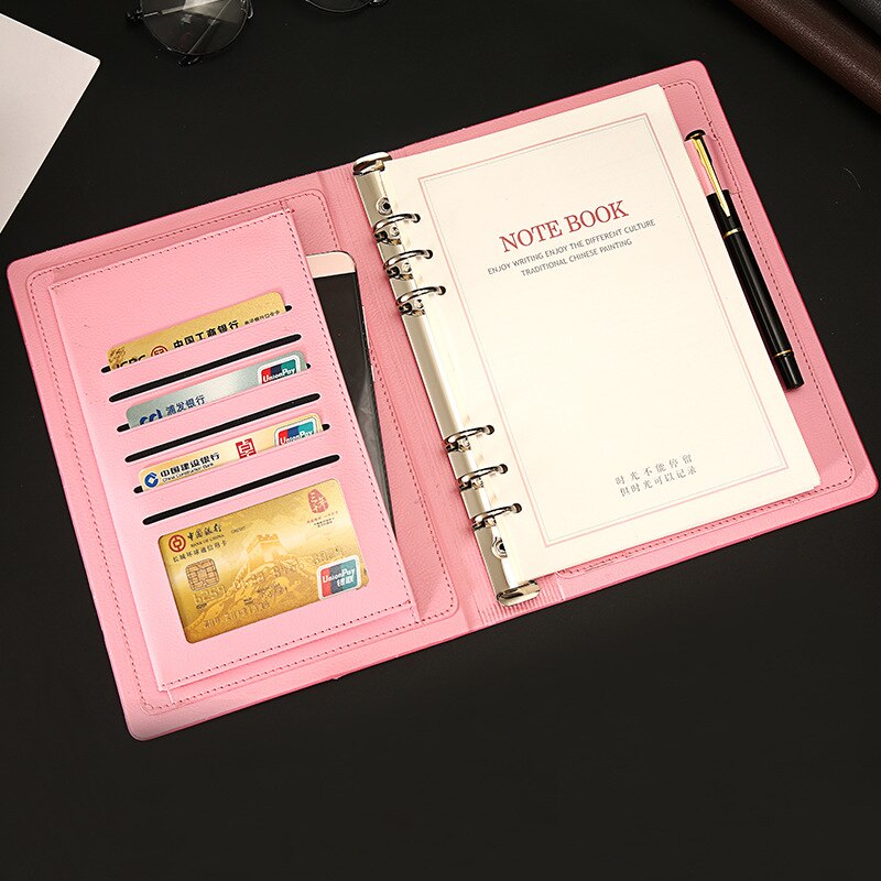 A5 Padfolio Clipboard Folder Card Holder Business Leather Organizer School Office Organizer 6 Ring Binder Manager Writing Pads