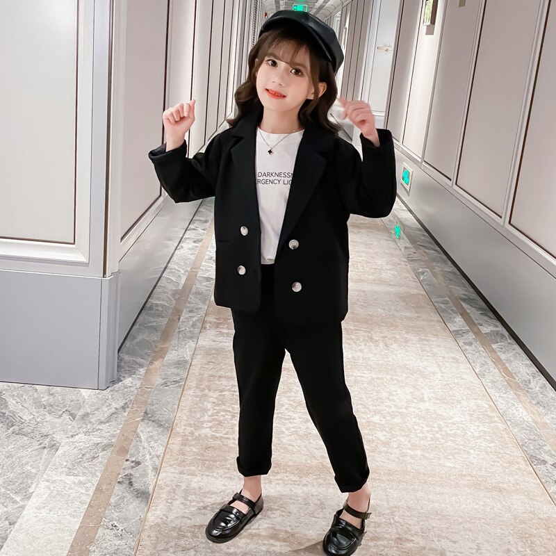 Herfst Koreaanse Meisjes Double Breasted Pak Set Kinderen Blazer Broek 2 Stuks Kleding Set Kids Party Show Kostuum: Black / 7T