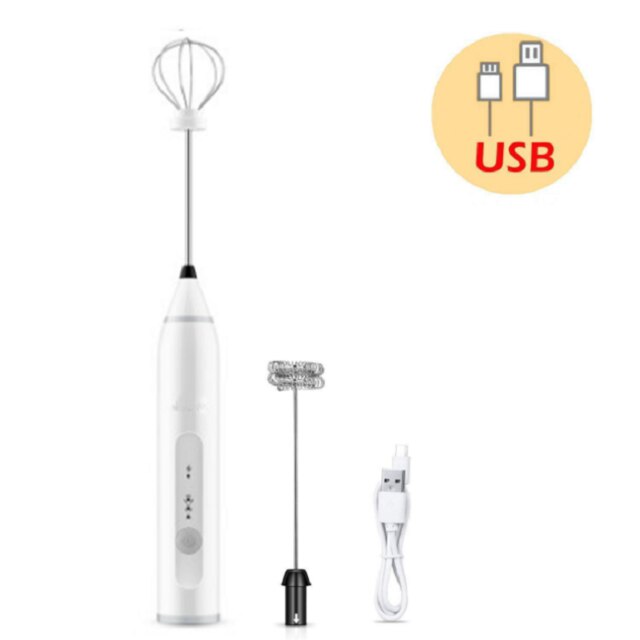 3 Modes Electric Handheld Milk Frother Blender With USB Charger Bubble Maker Whisk Mixer For Coffee Cappuccino: white