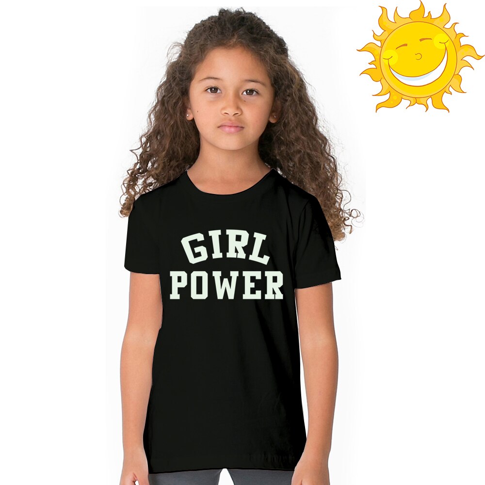 Barn flickor sommar nattlysande t-shirt girl power print glöd i mörka kläder roliga barn självlysande kortärmade t-shirts toppar