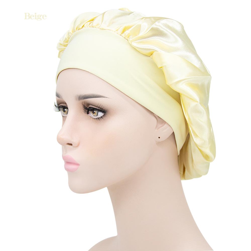 Gorro de descanso de ala ancha de satén para mujer, gorro de dormir para el cuidado del cabello, gorro de noche, Unisex, gorro de ducha, envoltura de cabeza de seda: beige
