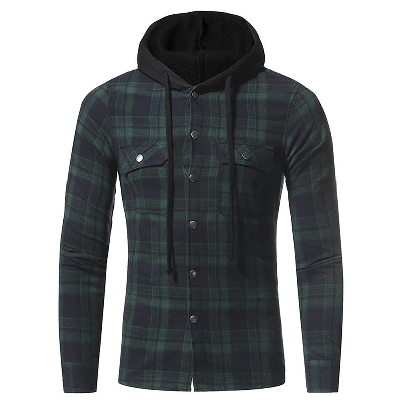 Mens Flanel Plaid Dubbele Zakken Hooded Shirt Casual Leisure Gecontroleerd Patroon Longsleeved Overhemd: Groen / M