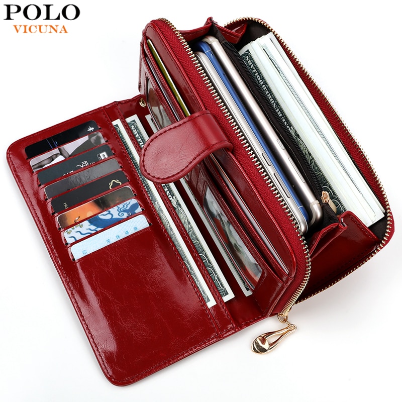 VICUNA POLO Brand Waxy Oil Leather Card Holder Wallet For Women Large Capacity Travel Ladies Wallet Clutch Wristlet Wallets