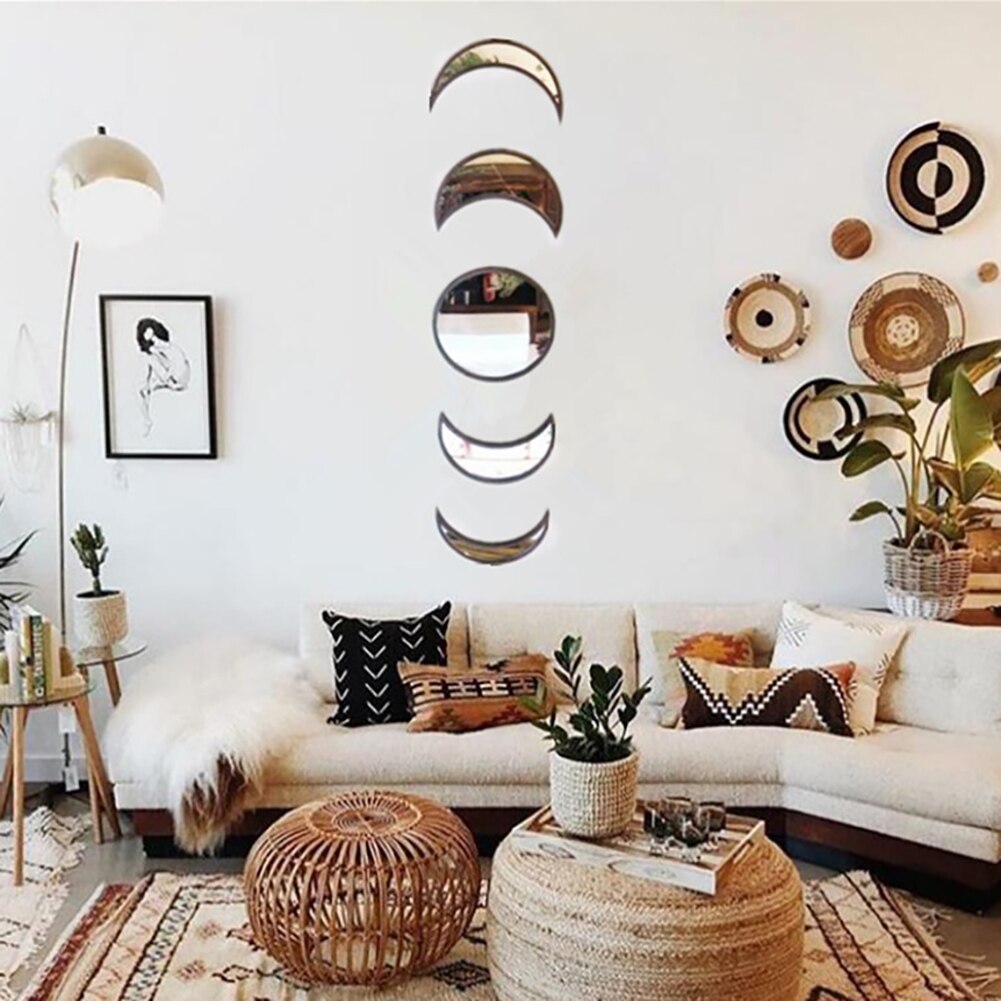 5 unids/set Estilo nórdico forma de luna fase de Madera acrílico montaje en pared espejo sala de estar dormitorio Decoración