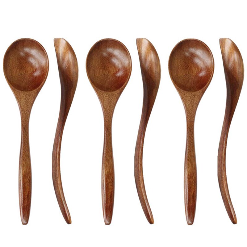 Cucharas de madera para comer, 6 piezas de cuchara para comer de madera Natural, 7 pulgadas de cucharadita ecológica hecha a mano para la cena, postres de ensalada,: Default Title