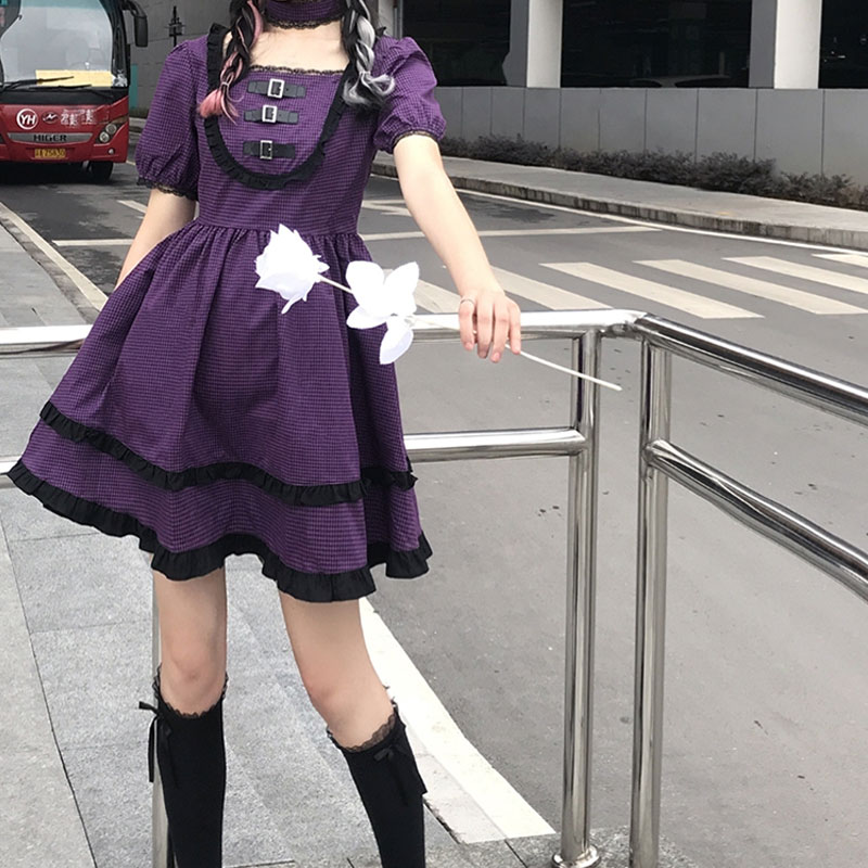 Harajuku japonés gótico Lolita para mujer, Vestido corto de morado con botones cuadrados y cuello de encaje con volantes