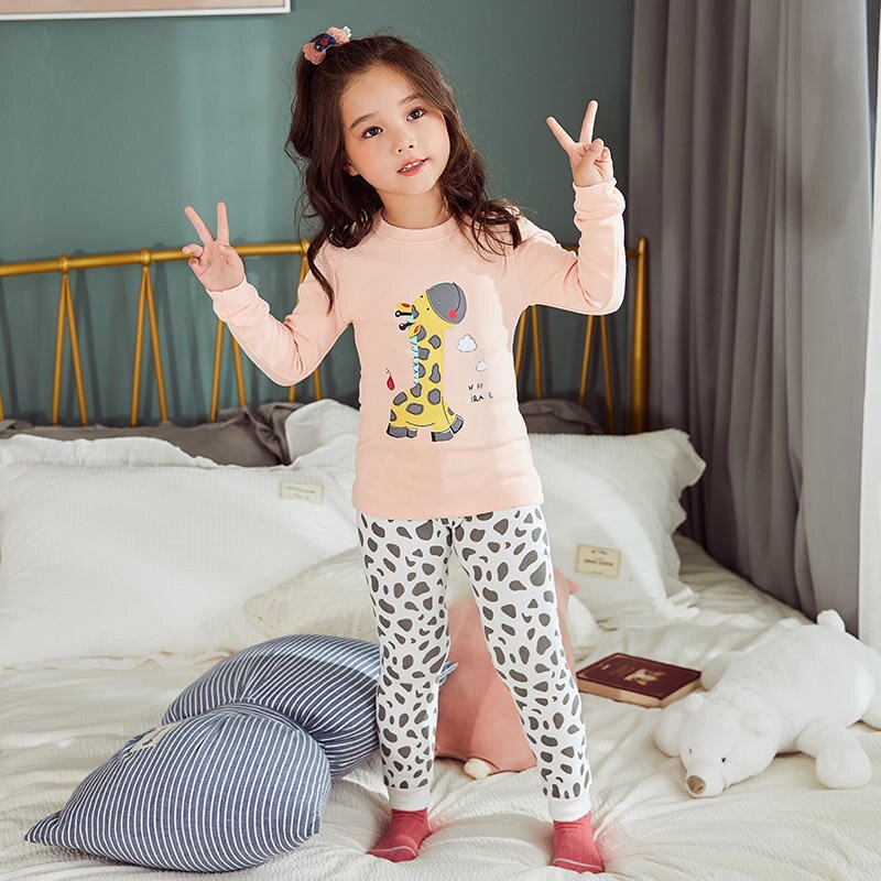 Girls' Printing Cartoon Giraffe Spot Round Neck Long Sleeve Pajamas Children Set Kids Sleepwear Trousers Nightwear Outfit