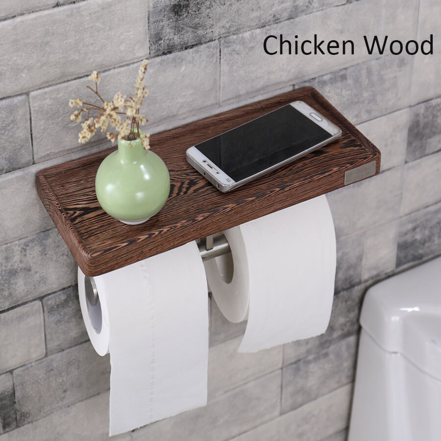 Træ toiletrulleholdere vægmonteret toiletpapirholder med træhylde & rustfrit badeværelse tilbehør Grandado
