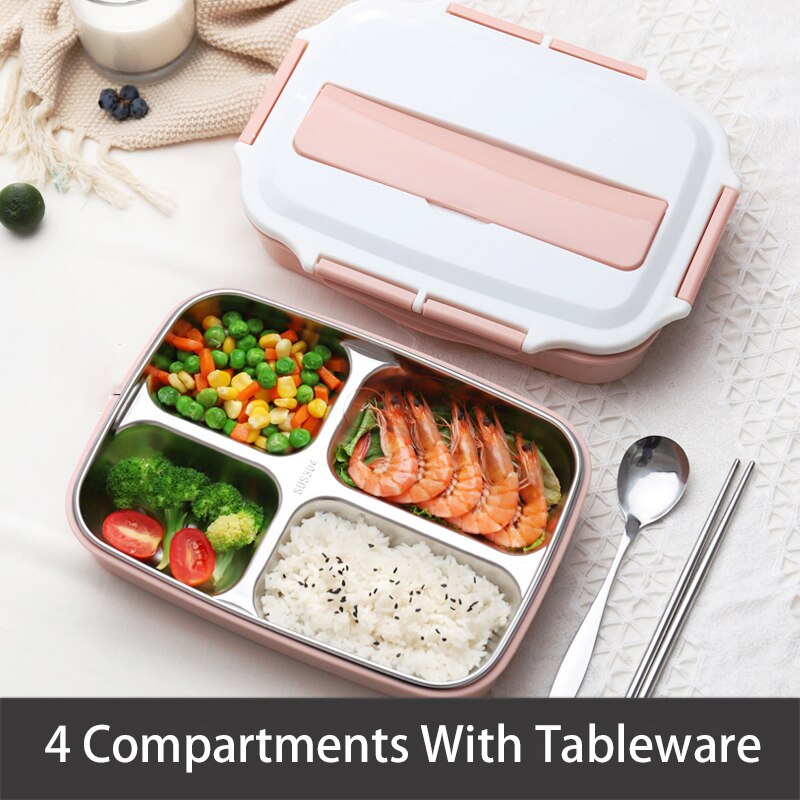 Stainless Steel Thermal Lunch Box Containers with Compartments Leakproof Bento Box Food Container Picnic Office School Lunchbox: pink w tableware-4