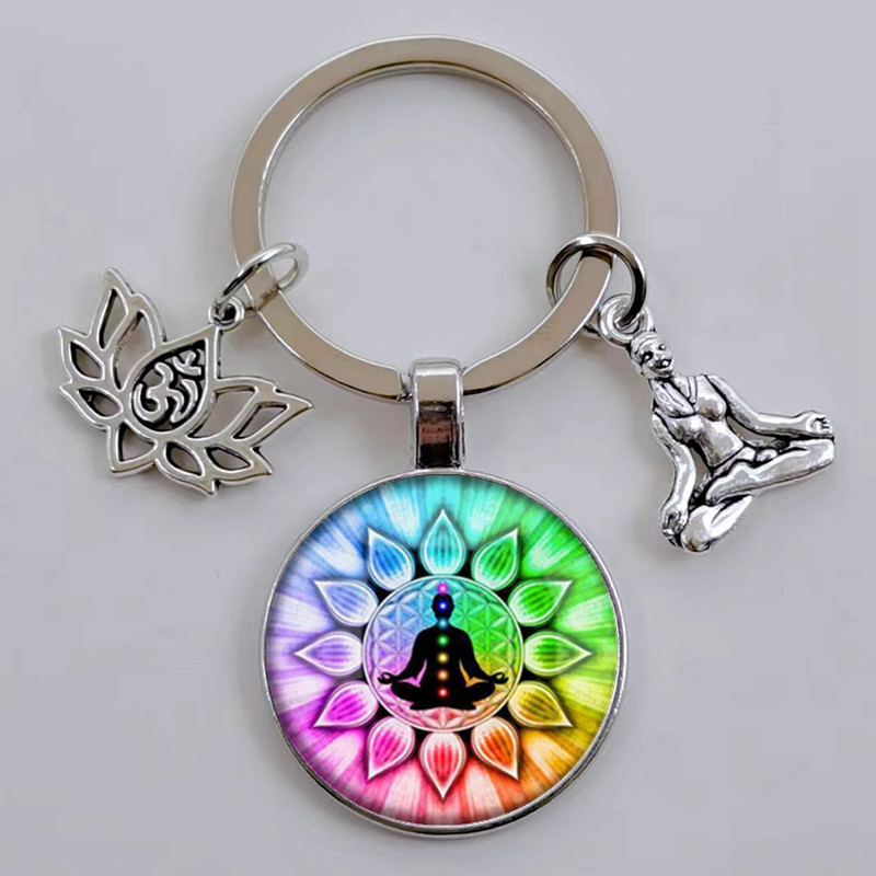 Indian Buddha Meditatie 7 Chakra Mandala Psychedelische Yoga Glas Cabochon Sleutelhanger Ornament