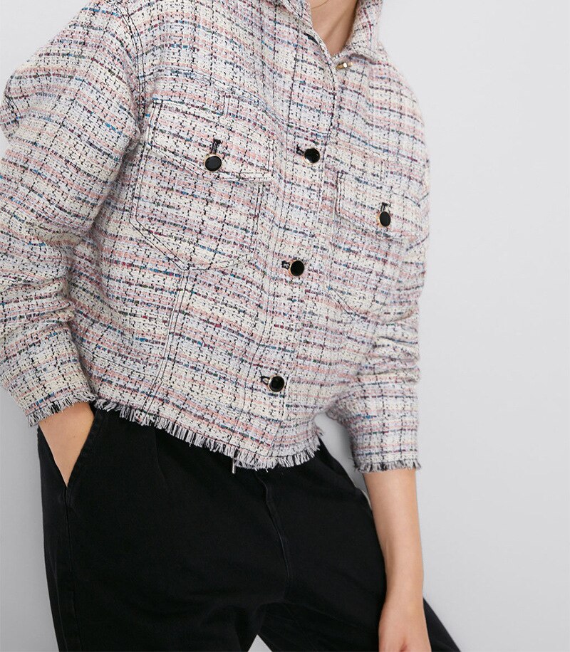 Manteau court Vintage à franges pour femmes, veste à carreaux avec poches et boutons, vêtement d'extérieur Chic,