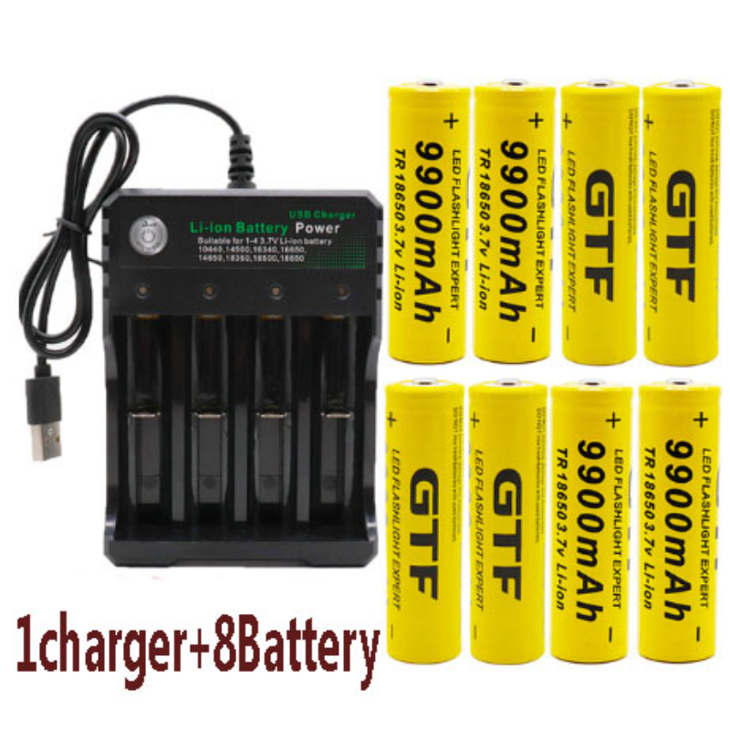 GTF 18650 Original Lithium-ion Battery, 18650 Rechargeable Flashlight, 3.7 V, 9900 MAh for Flashlight+USB Charger