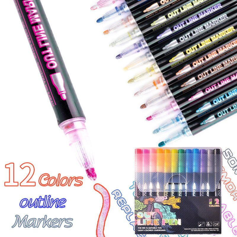 8/12 Colors/Set Double Line Outline Art Pen Fluorescent Glitter Art Marker Pens for Card Making, Birthday Greeting,Painting