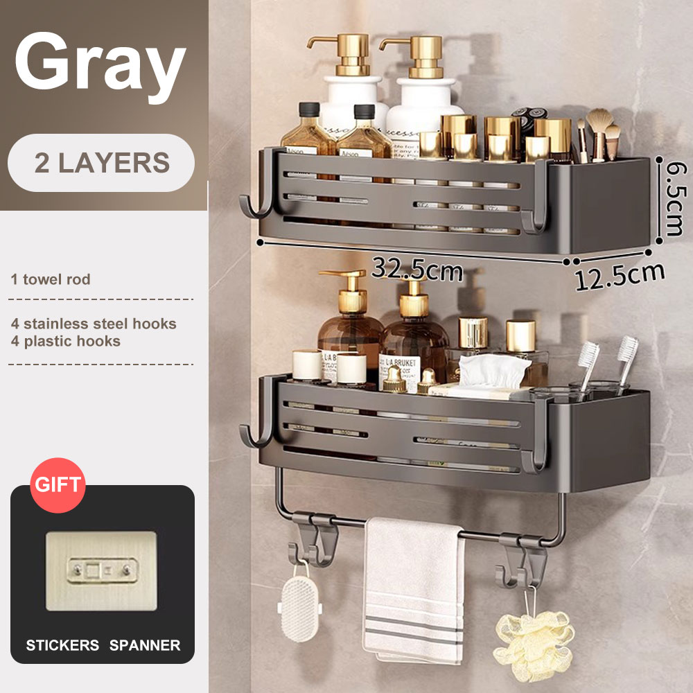 1-2PCS Badezimmer Eckregal mit Kunststoff Haken Handtuchhalter Kein Bohrenraum Aluminium Dusche Lagerregal Badezimmer Organizer