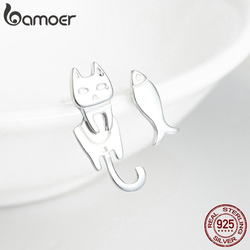 BAMOER Genuine 925 Sterling Silver Fish And Cat Simple Line Stud Earrings for Women Authentic Silver Jewelry SCE488