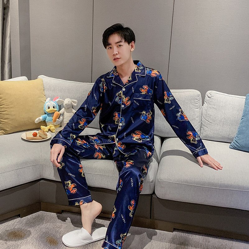 Women Satin Silk Pajamas Sets Adult Spring Faux Silk Flower Print Sleepwear Two pcs long Sleeve Shirt and Pant V-Neck Nighties: men / XXL