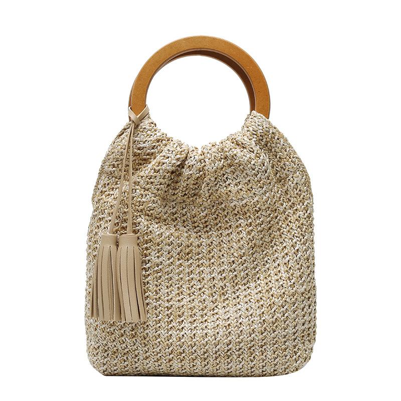 #39 dameshandtas zomer stro strandtas bohemian dames netvak holle ronde handgreep tote met hout: Khaki
