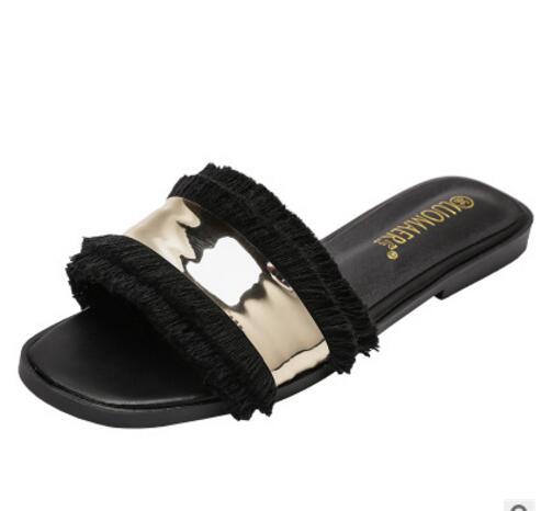 famous brand gold band tassel sandals women flats heel metal decoration slippers double layer fringe flip flops big size 259: black / 10
