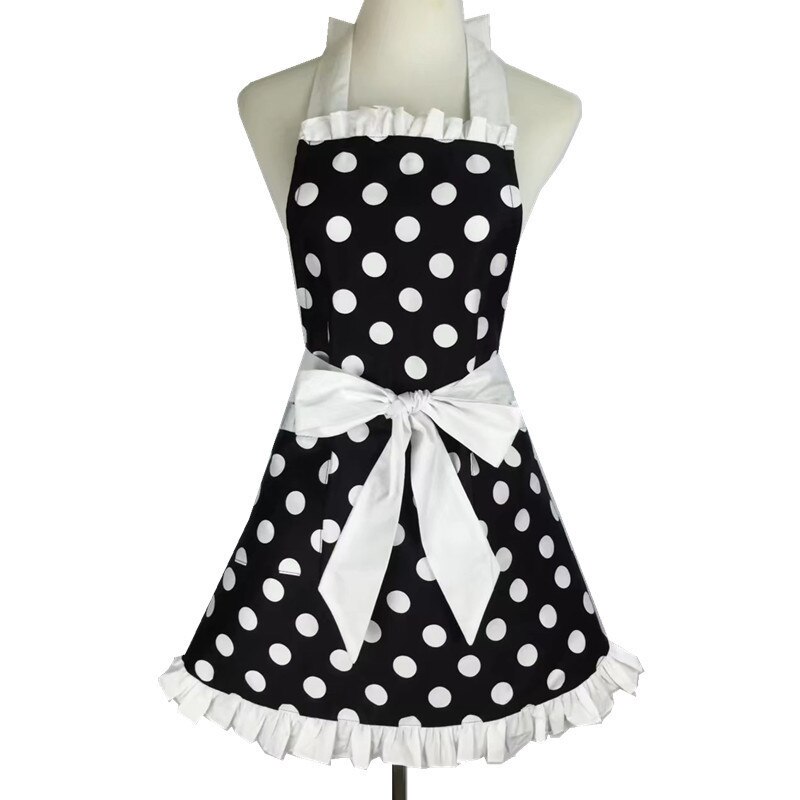 Retro forklæde til kvinder super sød og sjov sløjfe med lomme justerbar bomuld polka prikker sarte hemline madlavningsforklæder: Hvid