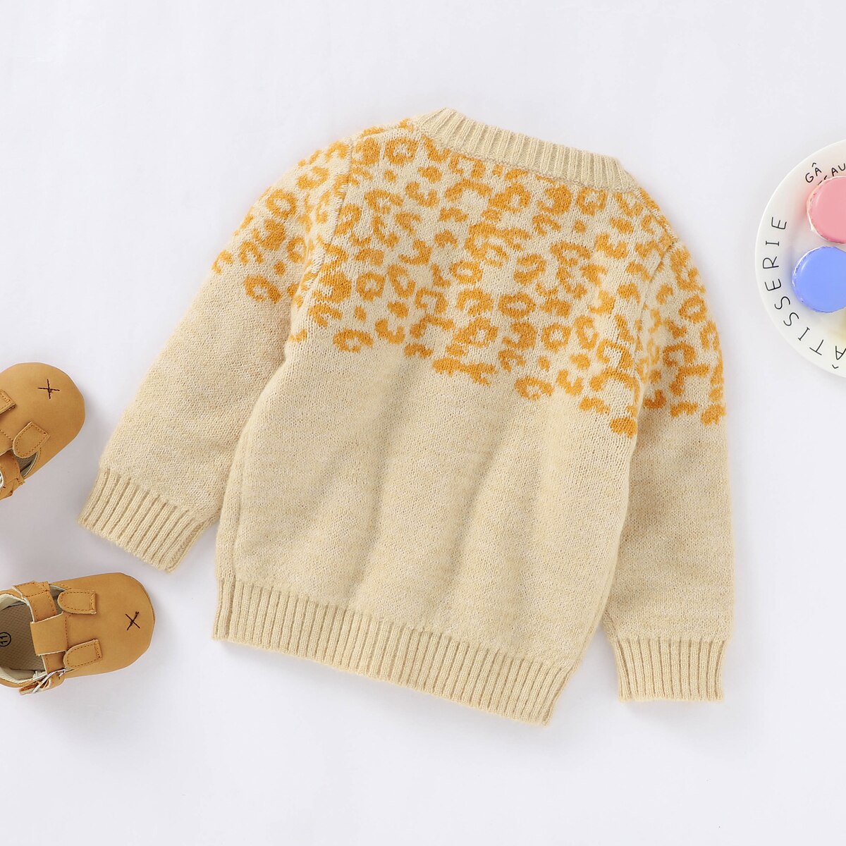 freundlicher Leopard drucken zur Seite fahren Mantel Lange Hülse O-ansatz Geschmack-hoch Strickjacke Baby Mädchen Spitzen für Herbst Winter Ein stück