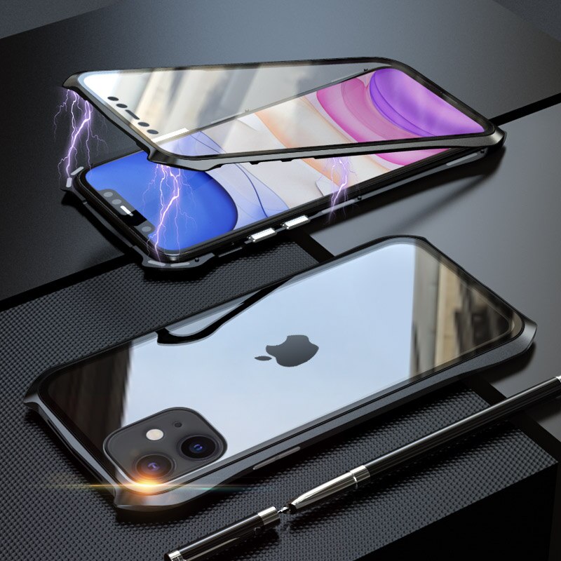 360 Volledige Beschermhoes Voor iphone 11 case Metalen Magnetische Adsorptie Voor iphone 11 pro max Gevallen Cover Bumper Coque: For iPhone 11 Pro / black 360