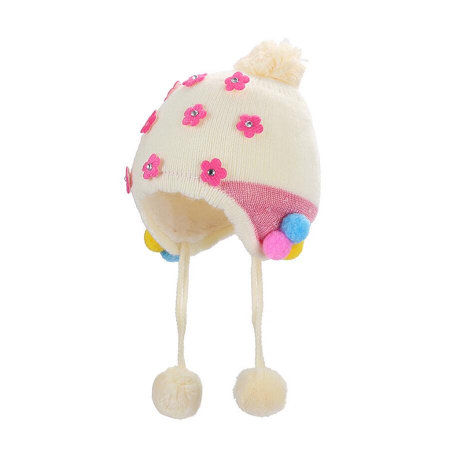 Rhinestone Small Flower Baby Girls Cashmere Beanie Hat Outdoor Autumn Winter Knitting Warm Cap Kids Beanie