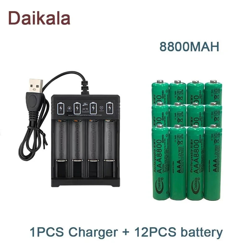 Batería alcalina AAA de 1,2 V, 8800mAh, linterna, juguete, reloj, reproductor de MP3, batería de níquel-hidrógeno de repuesto, + cargador: Negro