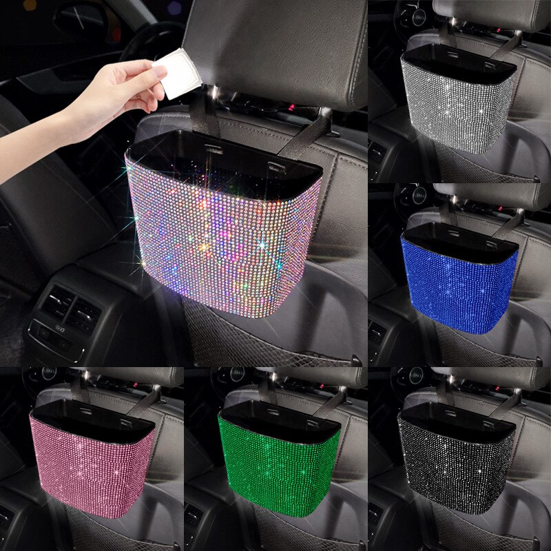 Rhinestone bilsoptunna förvaringskärl plast färg diamant baksida förvaringslåda vattentät sopor grabber bil hängande tillbehör