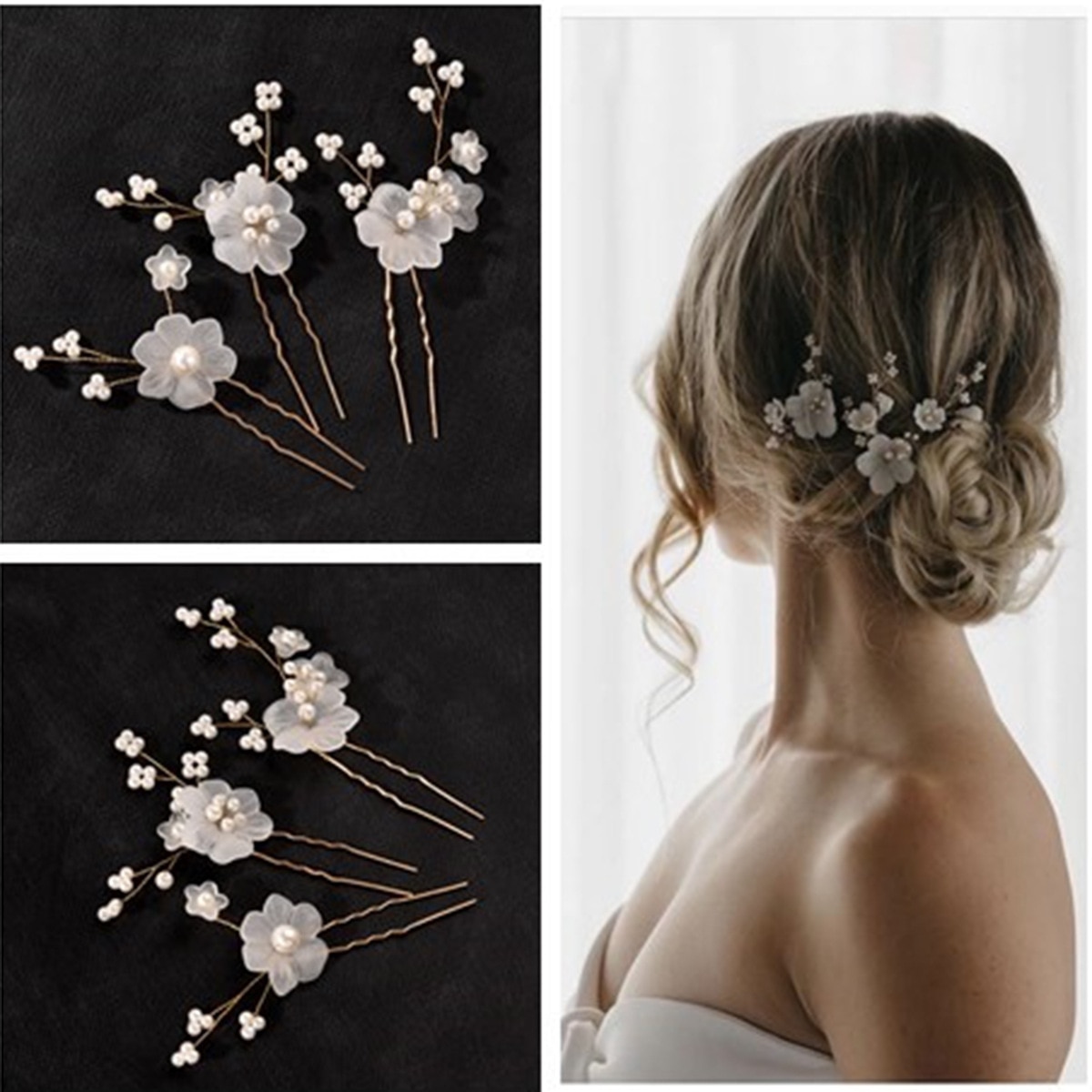 Horquilla en forma de U de flor blanca para mujer, 3 piezas, pinzas para el pelo elegantes, accesorios de joyería para el cabello, adornos para la cabeza de boda