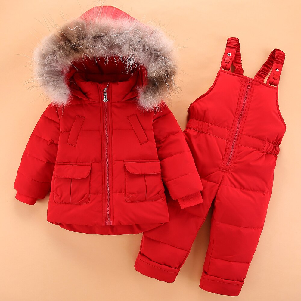 Kinderen 2-4Y Winter Witte Eendendons Kleding Sets Baby Meisje Overalls Ski Sneeuw Pak Voor Jongens Kids Natuur Bont jas + Broek: Rood / 24M