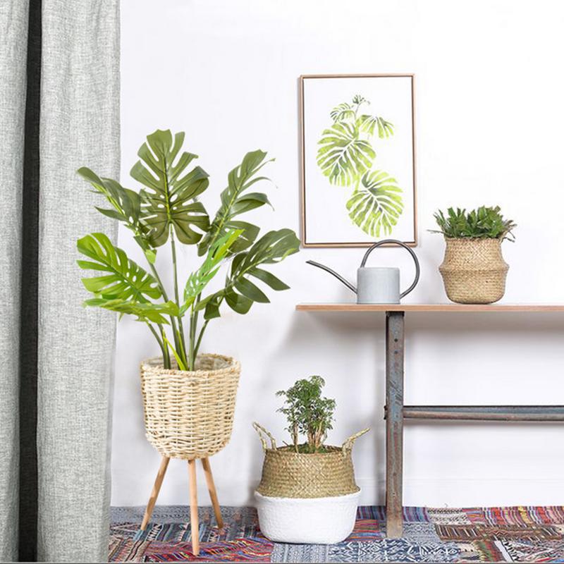 Handmade Bamboo Storage Baskets Laundry Straw Patchwork Wicker Rattan Seagrass Belly Garden Flower Pot Planter Basket