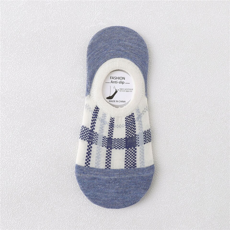 5Pcs Katoen Slipper Plaid Kleur Antislip Onzichtbare Zomer Ademende Comfortabele Sokken Vrouwelijke Boot Sokken Vrouwen Siliconen: Blauw