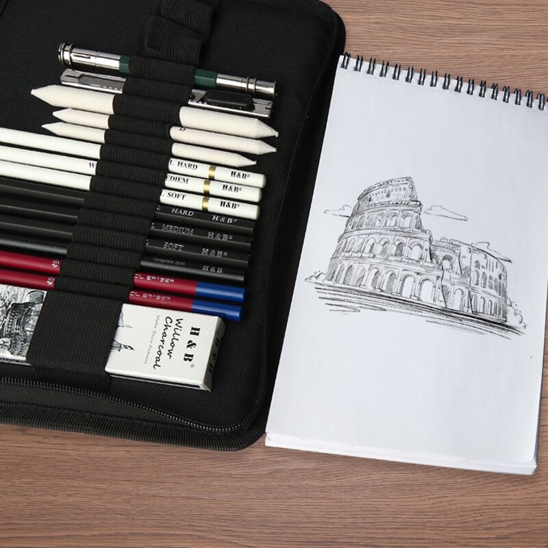 -H & B 45Pcs Art Kit Tekenen En Schetsen Potlood Set Houtskool Potloden Grafiet Potloden Gummen Met Kit Bag accessoires