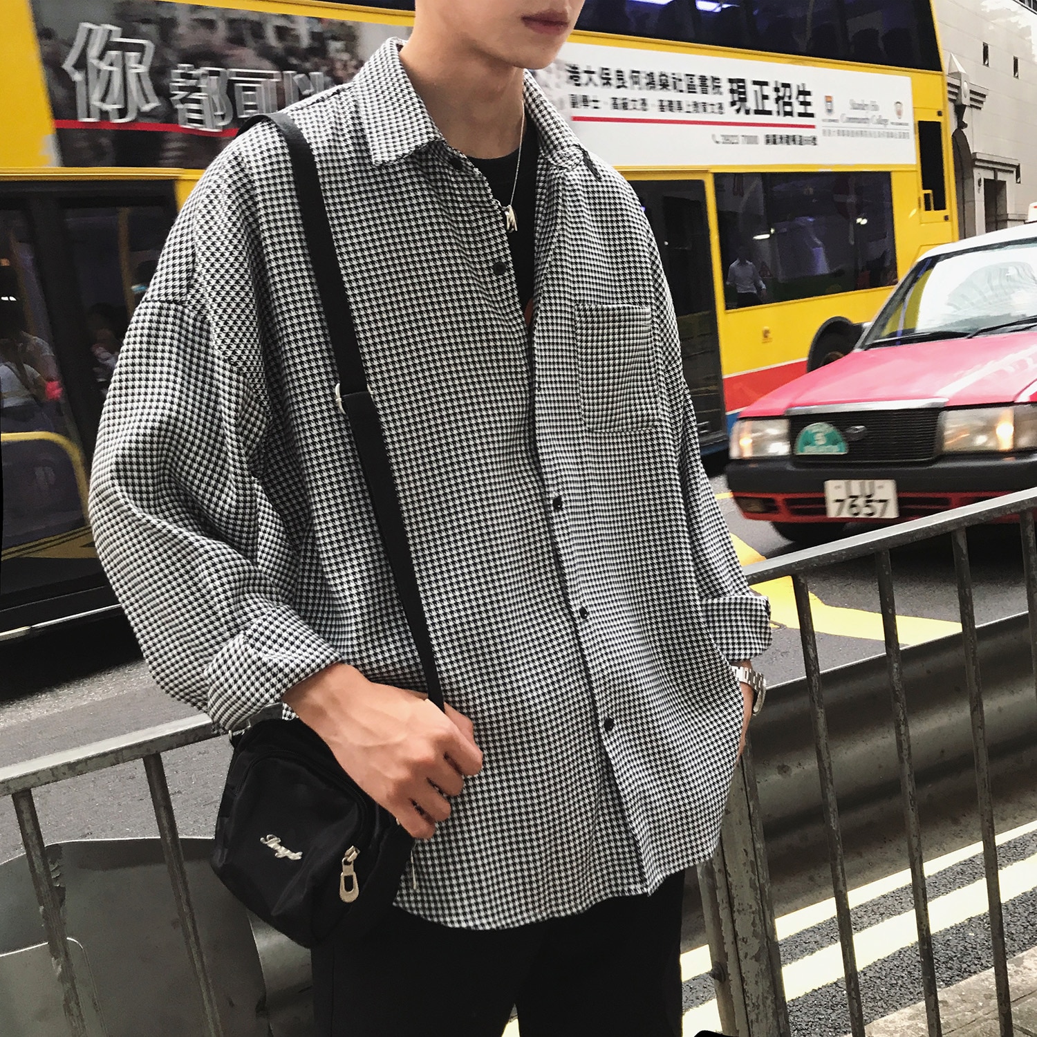 Långärmad svala görd streetwear oversize casual dress herrskjortor
