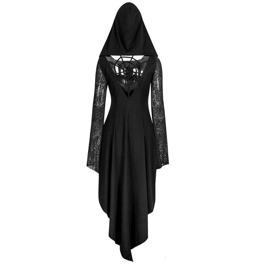 Dark Punk Gothic Lace Hooded Midi Dress High Low Hem Scary Cobweb Costumes Women Adult Horror Dark Black Robe For Girls: M