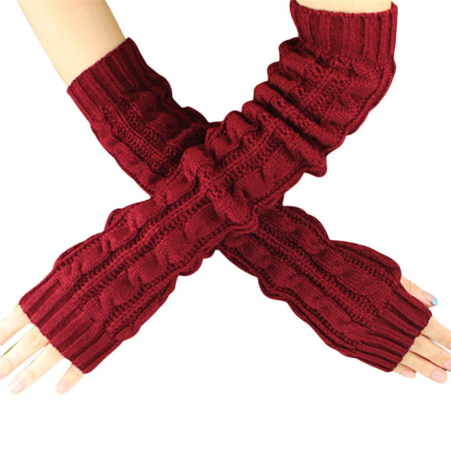 Kvindelige lange handsker uden fingre vinter håndled arm varmere strikket lange fingerløse handsker vante: Rød